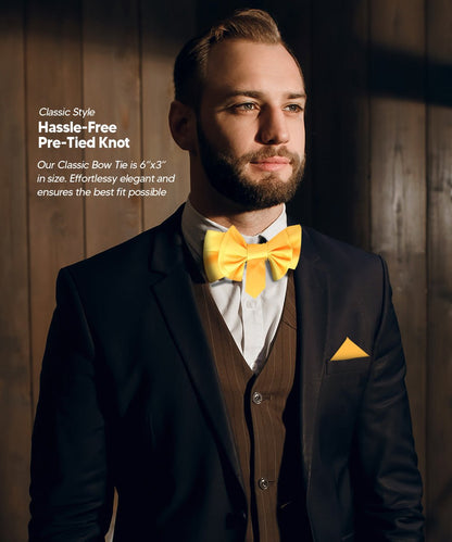XL Solid Bow Tie & Pocket Square by Vittorio Farina (xl - solid - yellow) for Independent Retail Stores by Dubal Brothers